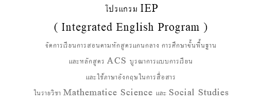 โปรแกรม IEP ( Integrated English Program ) จัดการเรียนการสอนตามหักสูตรแกนกลาง การศึกษาขั้นพื้นฐาน และหลักสูตร ACS บูรณาการแบบการเรียน และใช้ภาษาอังกฤษในการสื่อสาร ในรายวิชา Mathematice Science และ Social Studies 