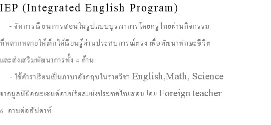 IEP (Integrated English Program) - จัดการเรียนการสอนในรูปแบบบูรณาการโดยครูไทยผ่านกิจกรรม ที่หลากหลายให้เด็กได้เรียนรู้ผ่านประสบการณ์ตรง เพื่อพัฒนาทักษะชีวิต และส่งเสริมพัฒนาการทั้ง 4 ด้าน - ใช้ตำราเรียนเป็นภาษาอังกฤษในรายวิชา English,Math, Science จากมูลนิธิคณะเซนต์คาเบรียลแห่งประเทศไทยสอนโดย Foreign teacher 6 คาบต่อสัปดาห์