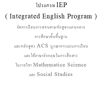โปรแกรม IEP ( Integrated English Program ) จัดการเรียนการสอนตามหักสูตรแกนกลาง การศึกษาขั้นพื้นฐาน และหลักสูตร ACS บูรณาการแบบการเรียน และใช้ภาษาอังกฤษในการสื่อสาร ในรายวิชา Mathematice Science และ Social Studies 