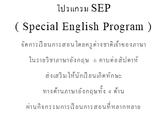 โปรแกรม SEP ( Special English Program ) จัดการเรียนการสอนโดยครูต่างชาติเจ้าของภาษา ในรายวิชาภาษาอังกฤษ 6 คาบต่อสัปดาห์ ส่งเสริมให้นักเรียนเกิดทักษะ ทางด้านภาษาอังกฤษทั้ง 4 ด้าน ผ่านกิจกรรมการเรียนการสอนที่หลากหลาย