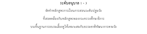 ระดับอนุบาล 1 - 3 จัดทำหลักสูตรการเรียนการสอนระดับปฐมวัย ที่สอดคล้องกับหลักสูตรของกระทรวงศึกษาธิการ บนพื้นฐานการอบรมเลี้ยงดูให้เหมาะสมกับธรรมชาติพัฒนาการตามวัย