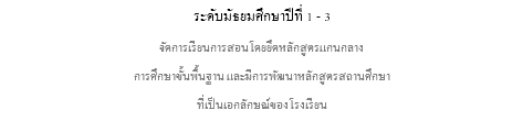 ระดับมัธยมศึกษาปีที่ 1 - 3 จัดการเรียนการสอนโดยยึดหลักสูตรแกนกลาง การศึกษาขั้นพื้นฐาน และมีการพัฒนาหลักสูตรสถานศึกษา ที่เป็นเอกลักษณ์ของโรงเรียน